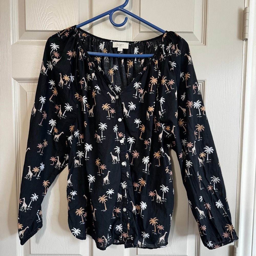LOFT Blouse Womens L Black Cotton Giraffe Palm Tree Print Safari Relax Fit Boho